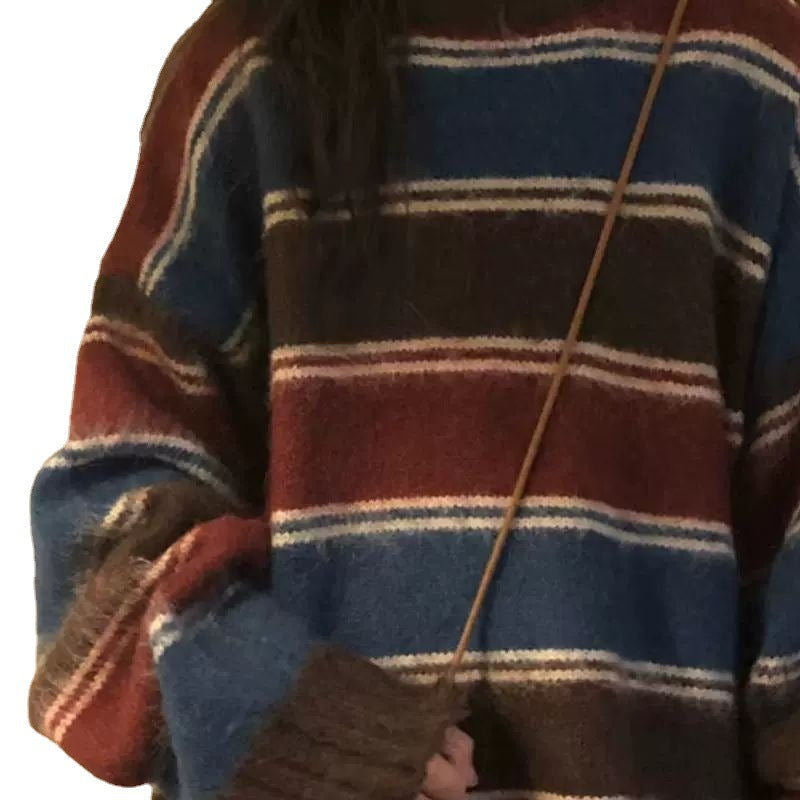 Aesthetic Sweaters Neck Harajuku Pullover Womens Japanese Striped Jumpers Knitwear Autumn Grunge Contrast Color Pullovers