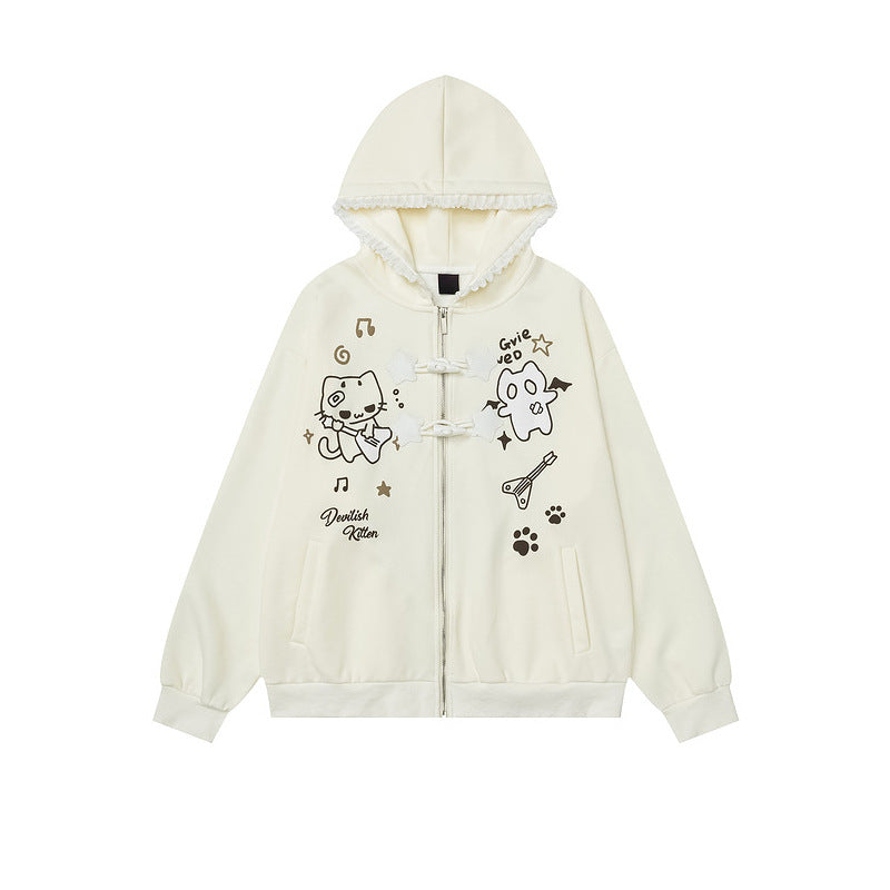 Cat print hooded cardigan sweater jacket