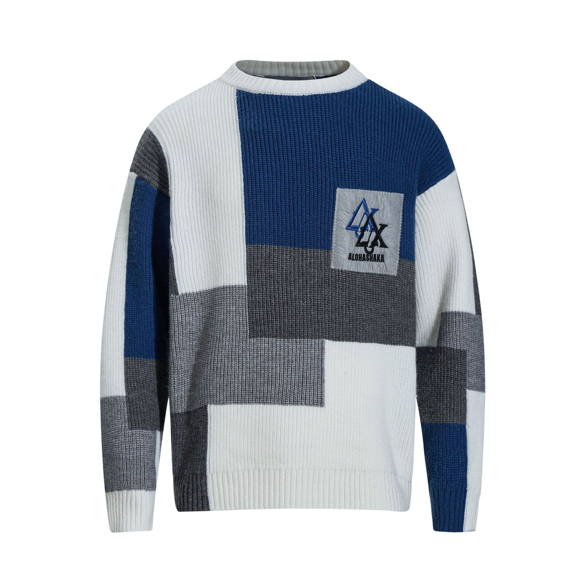 Retro Color Block Embroidered Crew Neck Sweater