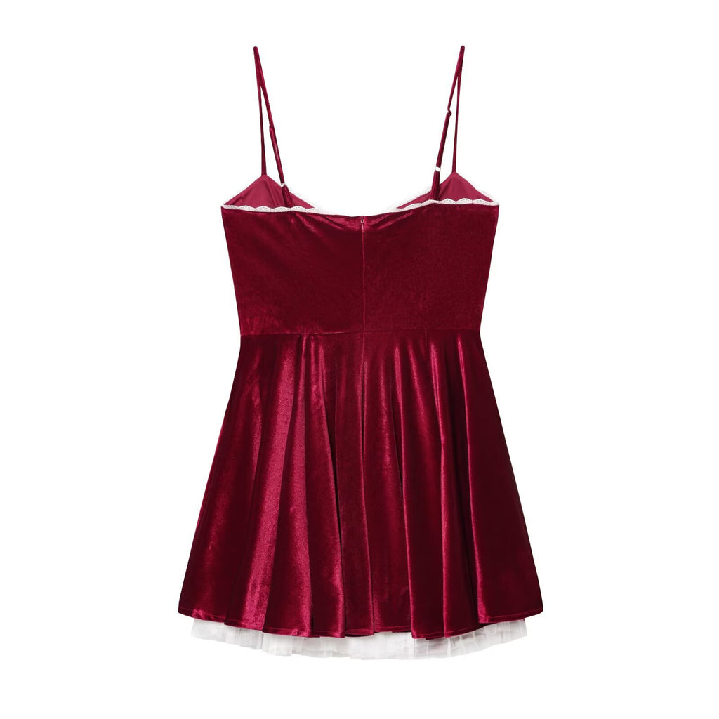 Autumn and Winter Velvet Lace Mini Strap Dress