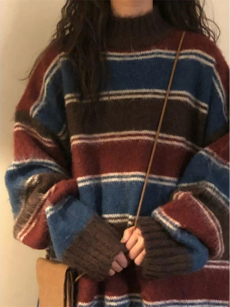 Aesthetic Sweaters Neck Harajuku Pullover Womens Japanese Striped Jumpers Knitwear Autumn Grunge Contrast Color Pullovers