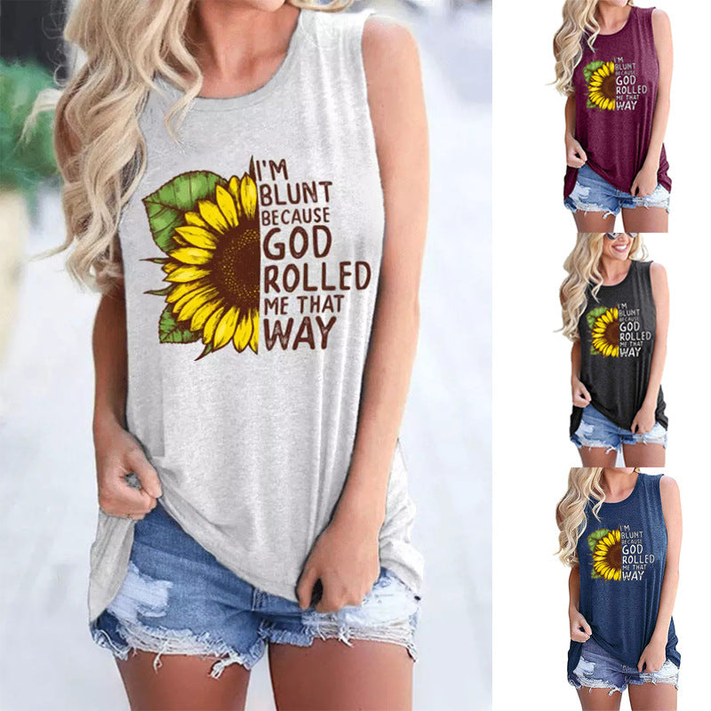 Women's Top Sunflower Print Crew Neck Sleeveless Tank Top