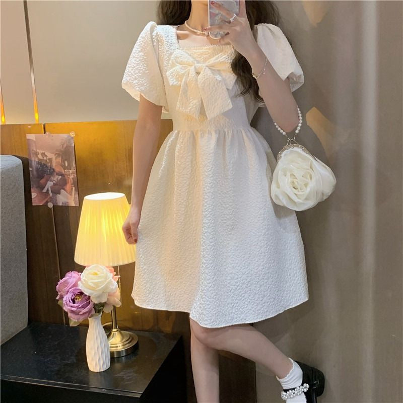 Design Square Neck White Bow Dress Fairy Dress Cake Dress