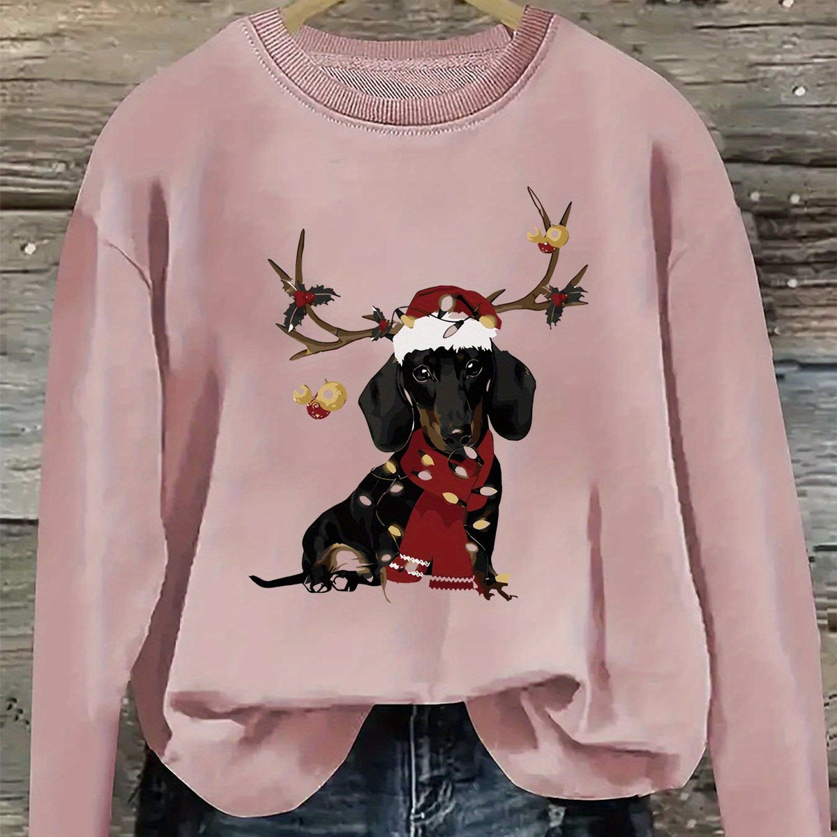 Women'S Christmas Dachshund Sweatshirt, Polyester  Crew