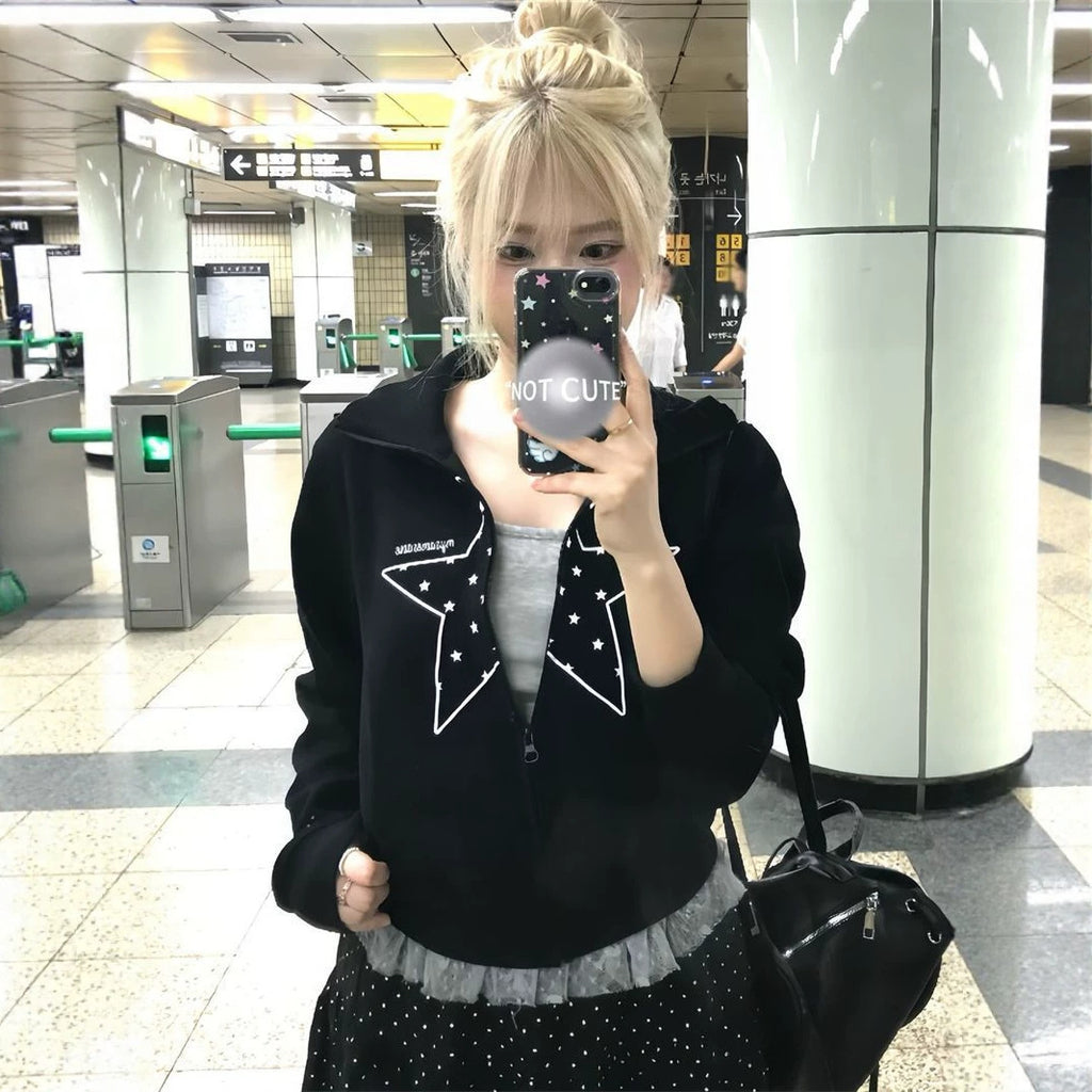 Star Short Crop Stand Collar Hoodie for Women Slim Fit Waist-Cinching Open Front Cardigan Top