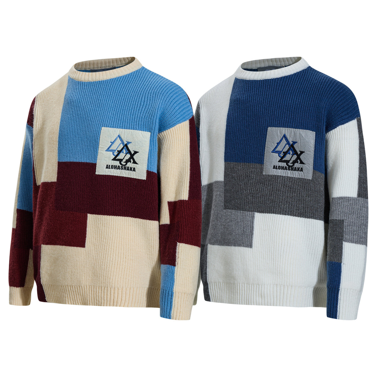 Retro Color Block Embroidered Crew Neck Sweater