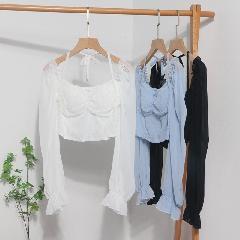 Square Neck Leaky Collar Short Shirt New Lantern Long Sleeve Lace Up Neck Shirt Womens Top