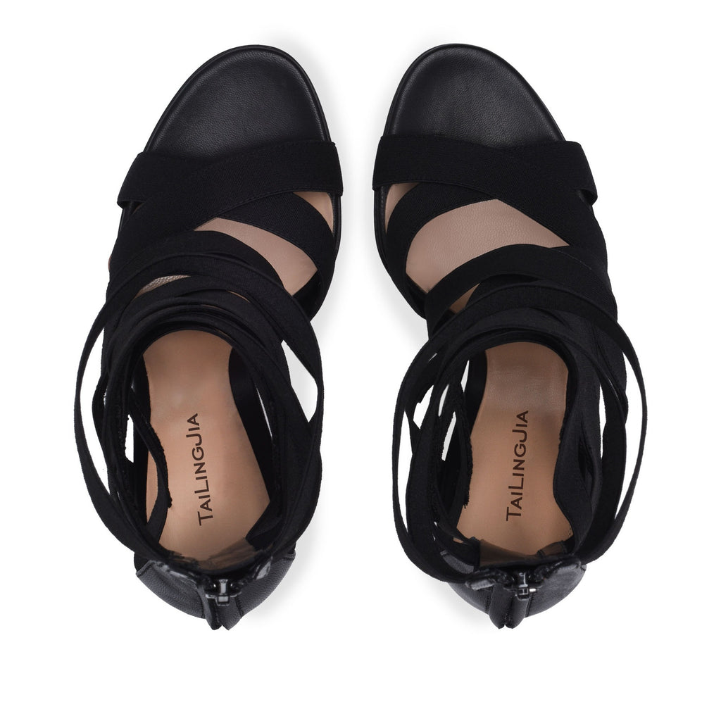 European and American Womens Black Elastic Belt Heel Sandals And Cool Boots Chengdu Fashion Womens Shoes