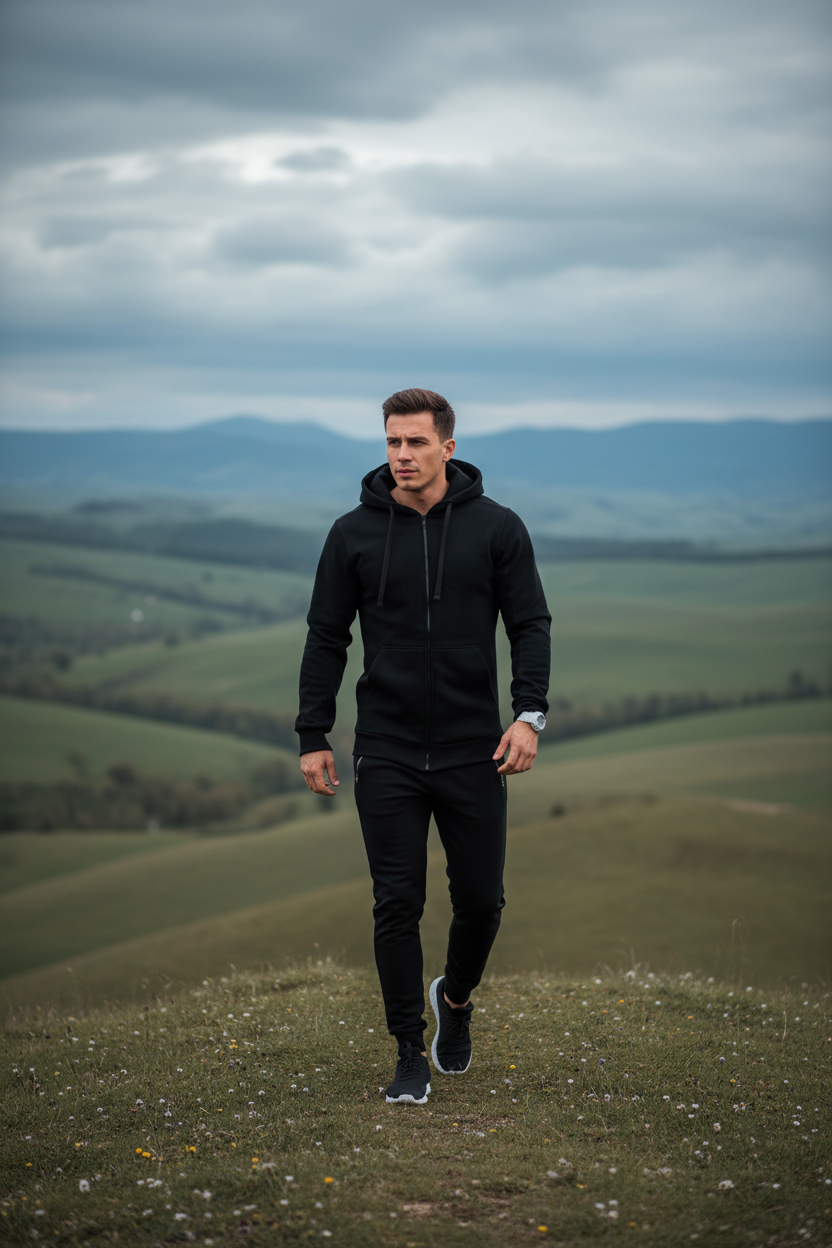 Men's Casual Solid Color Zip Up Hooded Sweatshirt Jacket