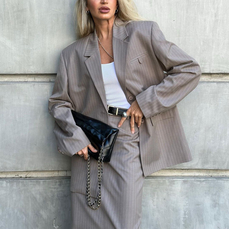 Women's two-piece split half skirt striped suit