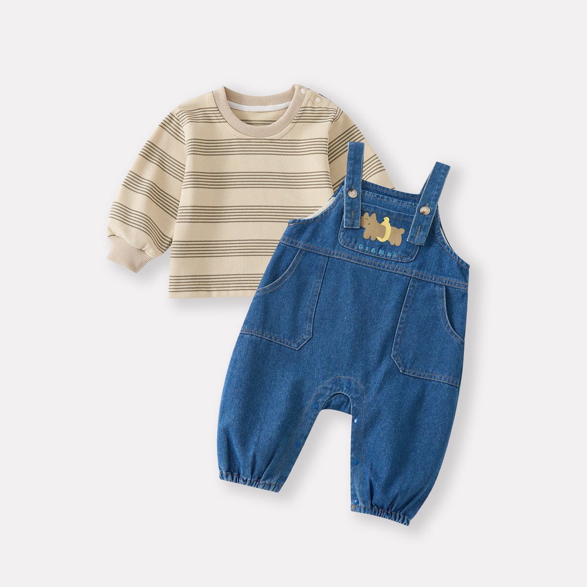 Boy Denim Overalls Set with Striped Bodysuit Two-Piece Outfit