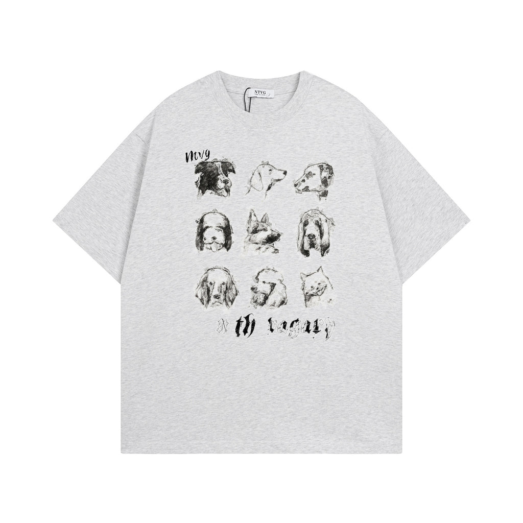 Retro Fun Pet Print Short Sleeve T-Shirt Men's Summer Loose Casual Versatile Couple Top