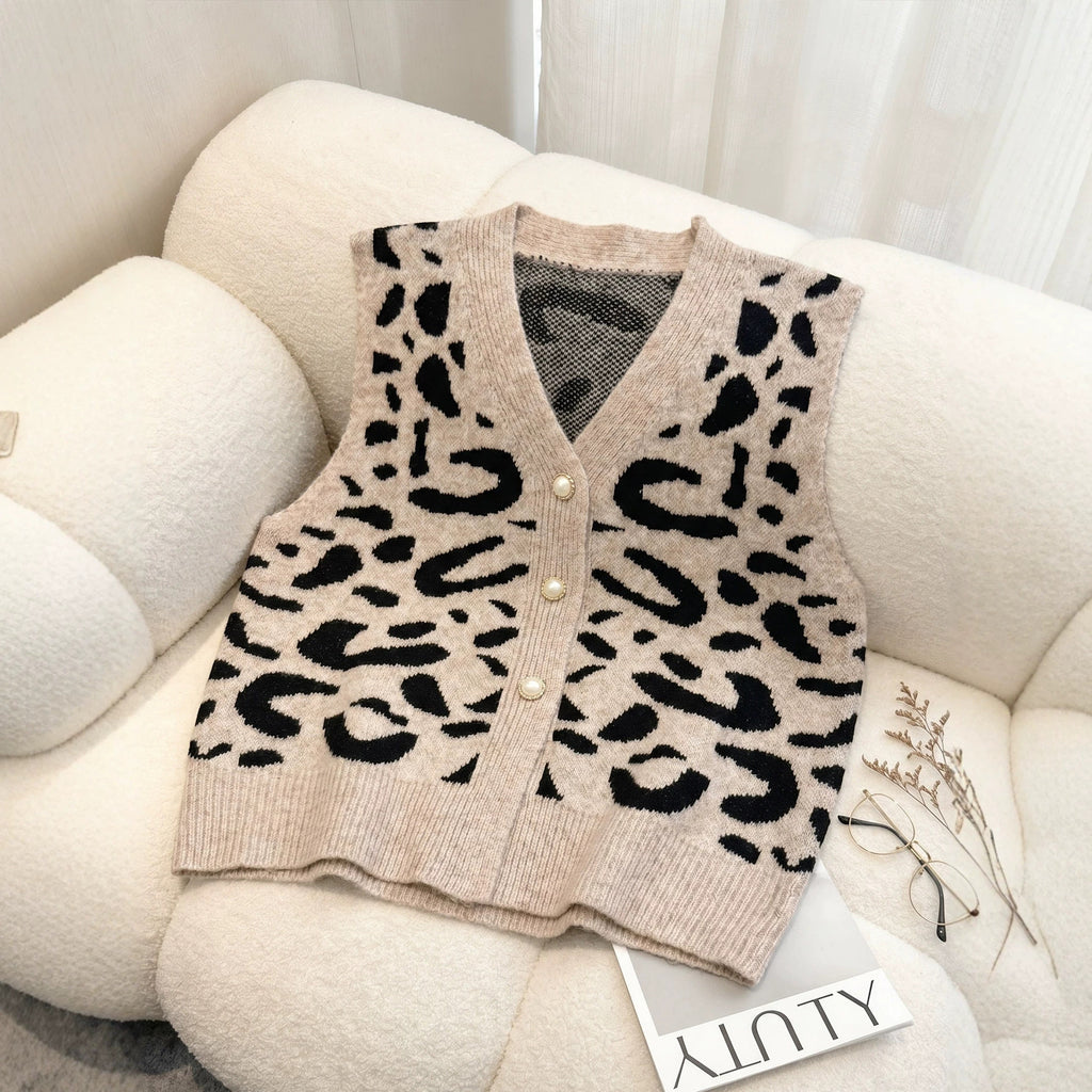 Leopard Print V-Neck Knitted Cardigan Sweater Coat Short Top with Imitation Pearl Buttons Loose Vest