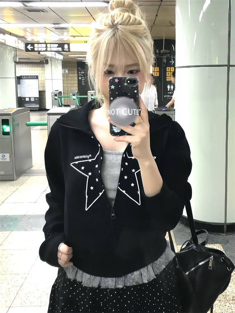 Star Short Crop Stand Collar Hoodie for Women Slim Fit Waist-Cinching Open Front Cardigan Top