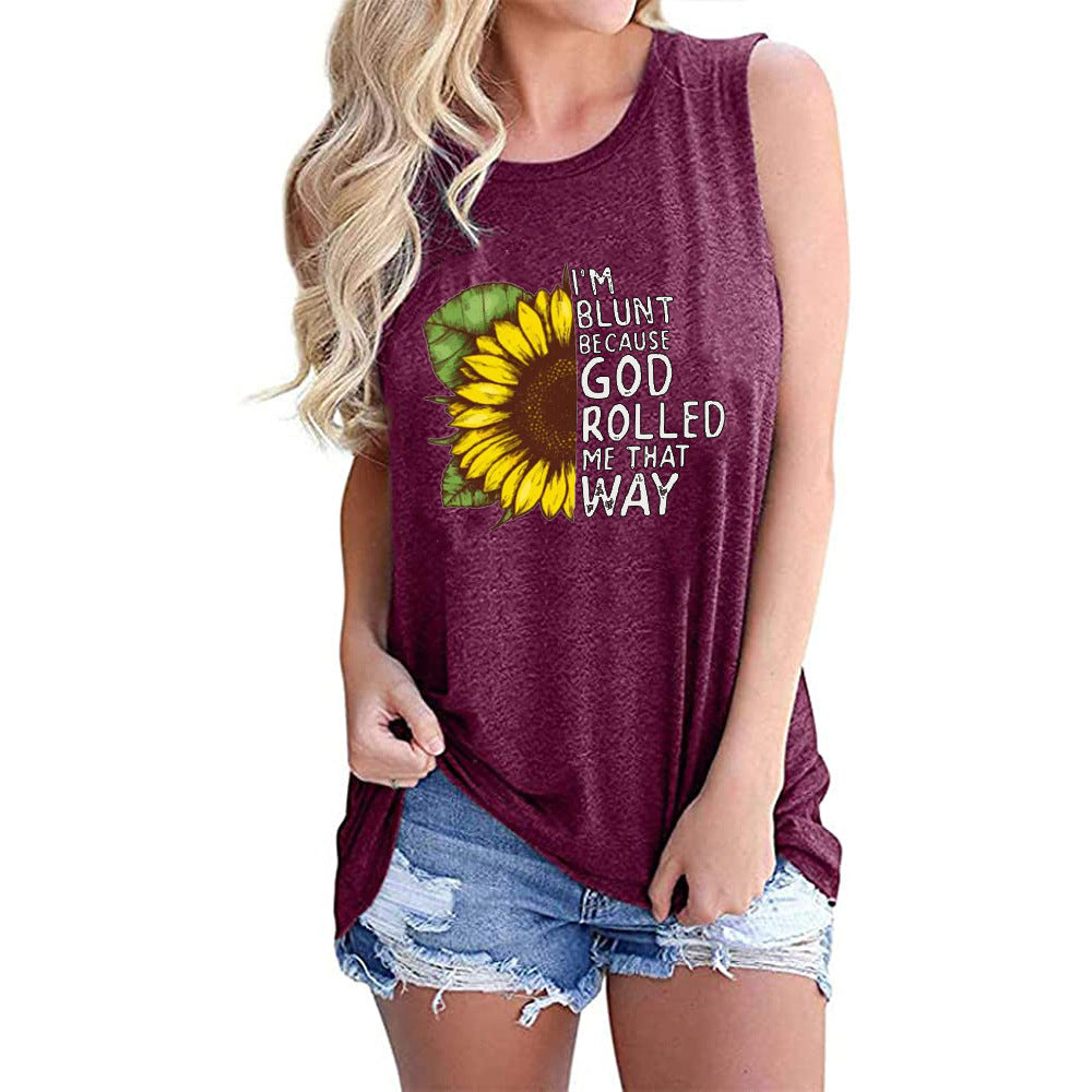 Women's Top Sunflower Print Crew Neck Sleeveless Tank Top