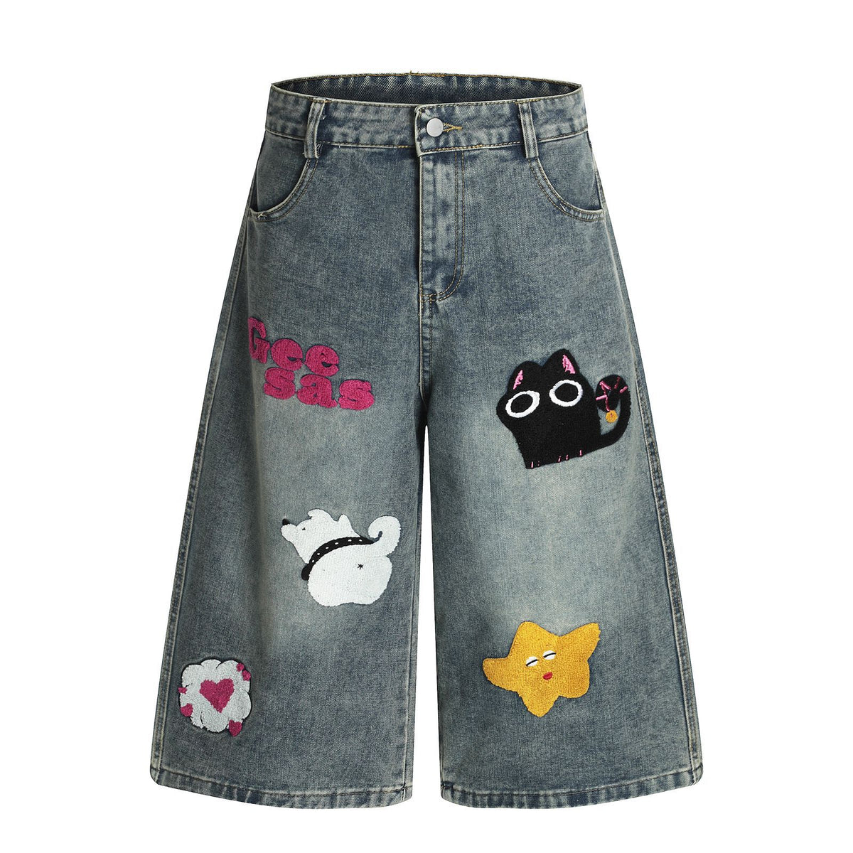 Washed Fun Pet Embroidery Seven-Quarter Denim Pants for Men and Women Summer New Casual High Street Mid-Length Trousers