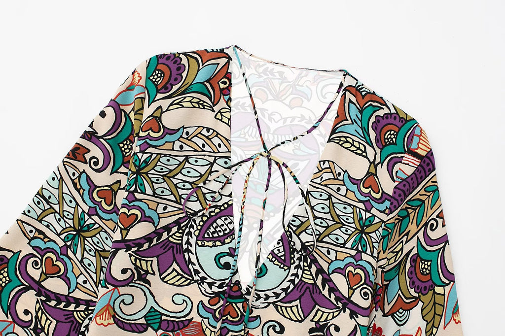 Ladies Dress Layered Decorative Print Midi Dress