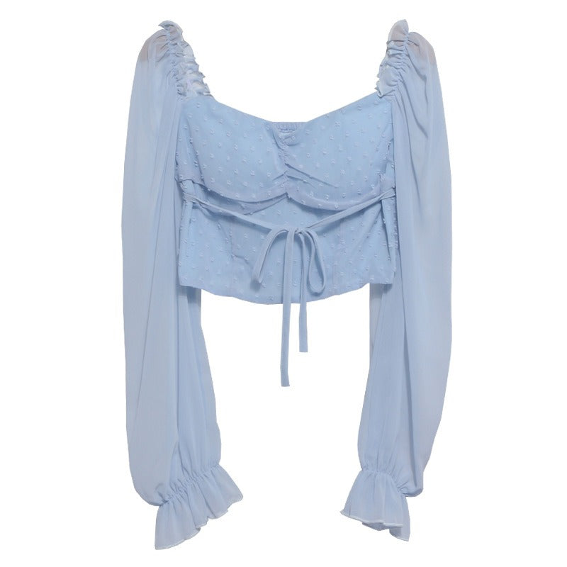 Square Neck Leaky Collar Short Shirt New Lantern Long Sleeve Lace Up Neck Shirt Womens Top