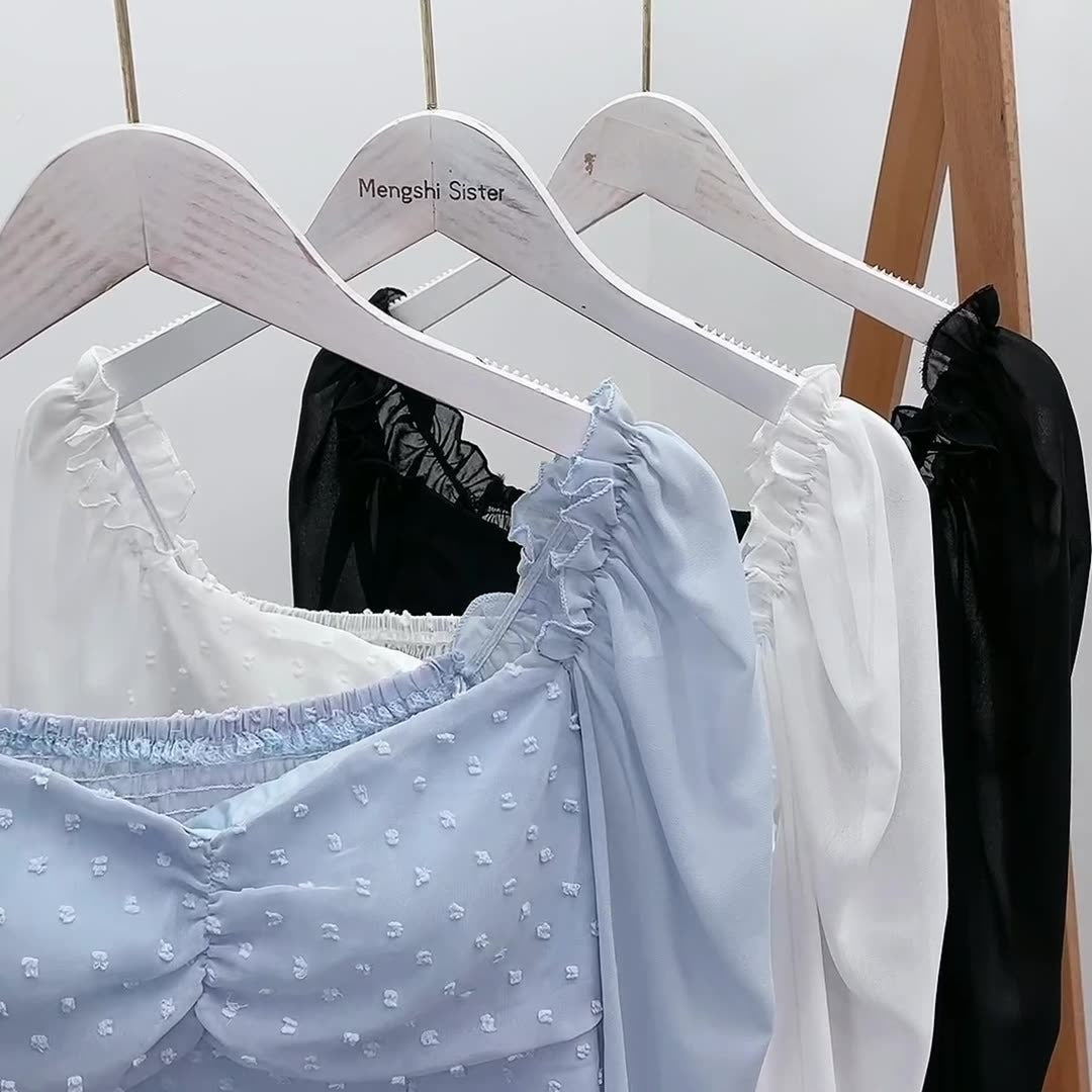 Square Neck Leaky Collar Short Shirt New Lantern Long Sleeve Lace Up Neck Shirt Womens Top