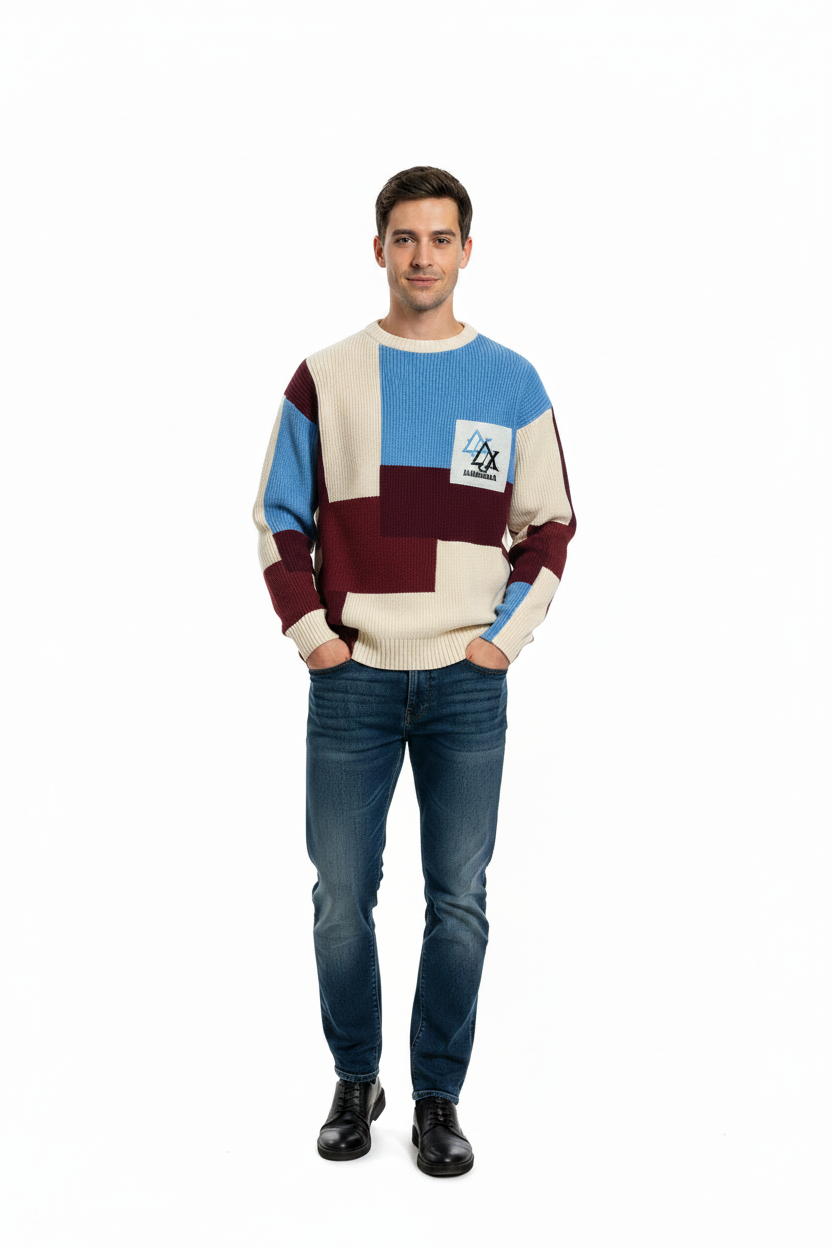 Retro Color Block Embroidered Crew Neck Sweater