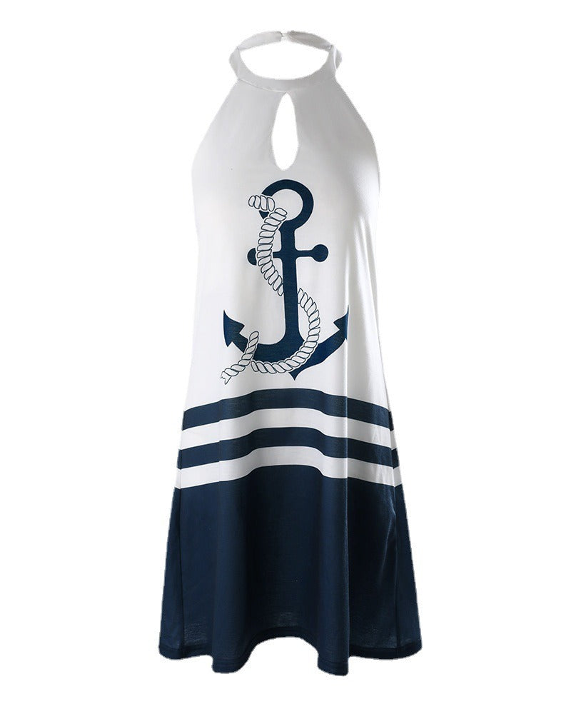 European and American womens new sleeveless printed casual dress with hanging neck skirt