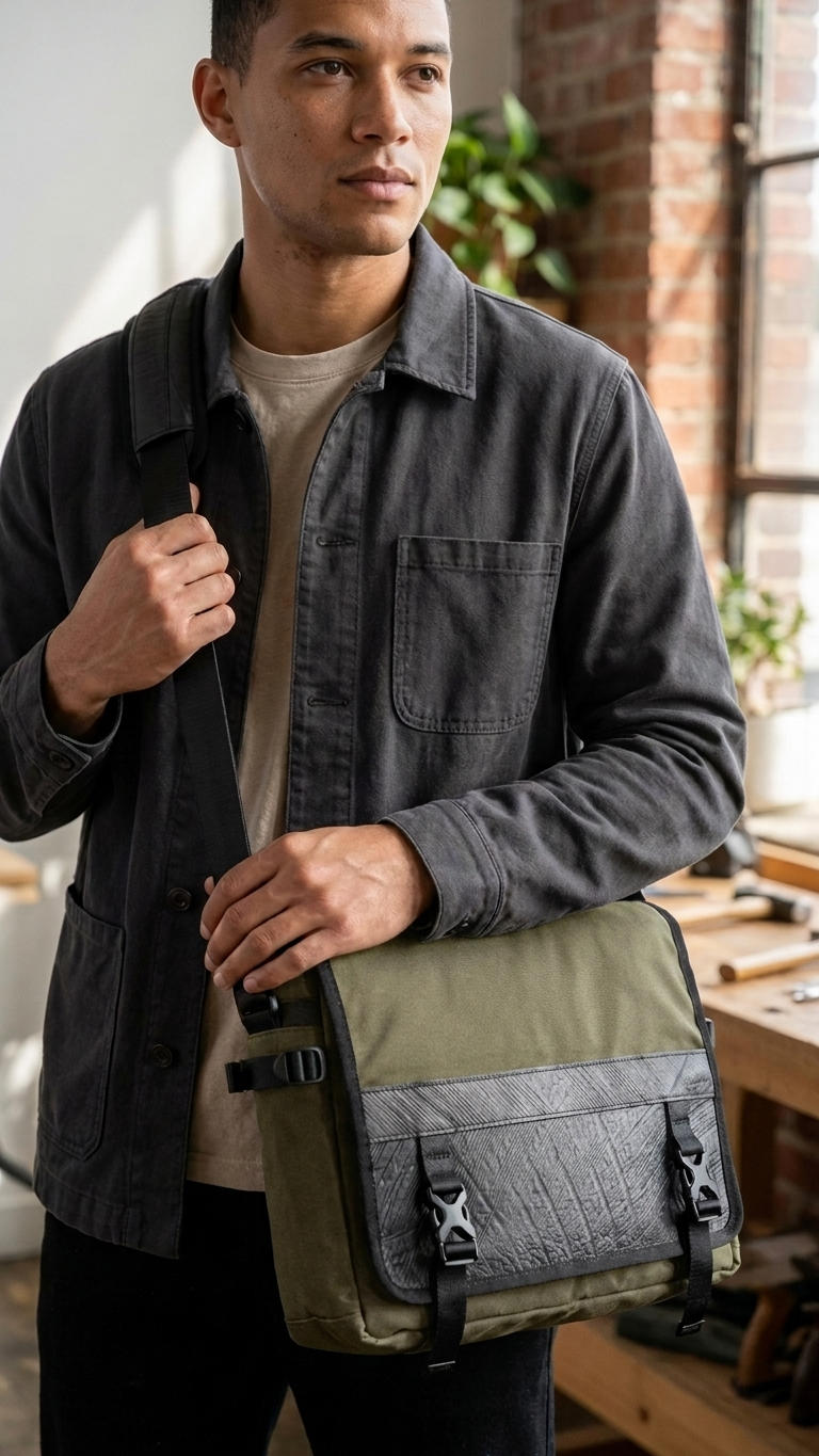 Nomad Voyager Recycled Rubber & Army Canvas Vegan Messenger Bag