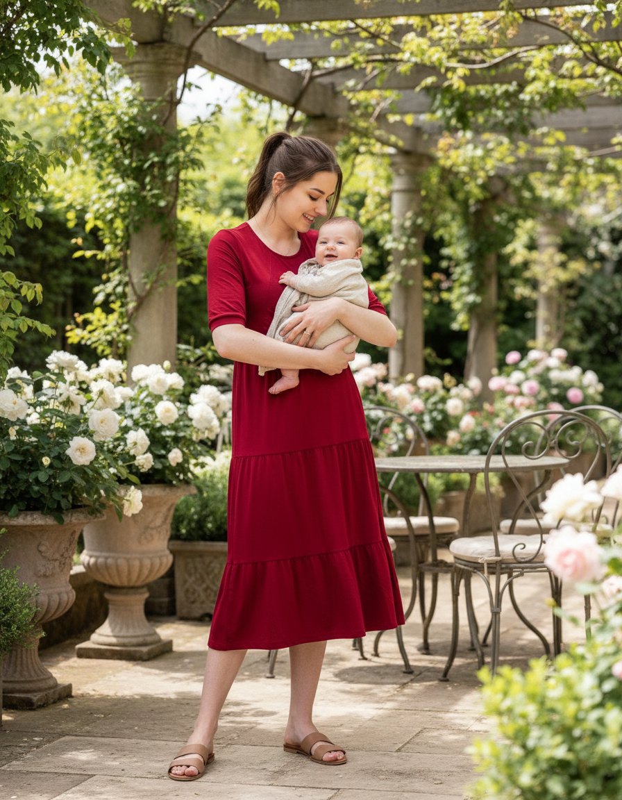Burgundy Cotton Midi Breastfeeding Dress | Nursing Dress | MilkyMoon