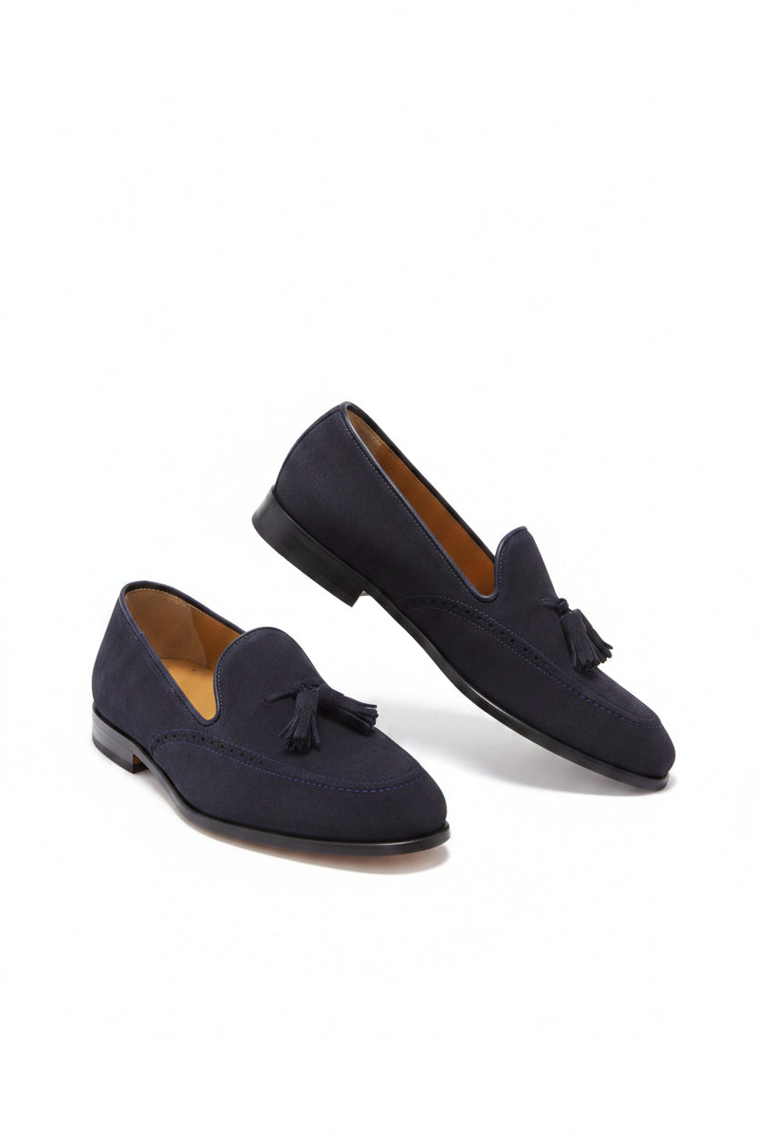 Navy Blue Suede Tasselled Brogues, Welted Leather Sole