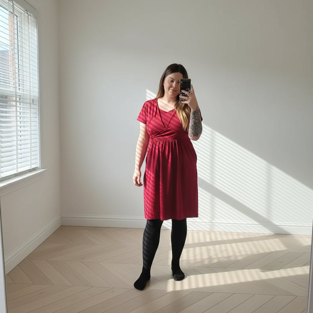 Burgundy Cotton Breastfeeding Dress | Nursing Dress | Knee Length Feeding Dress